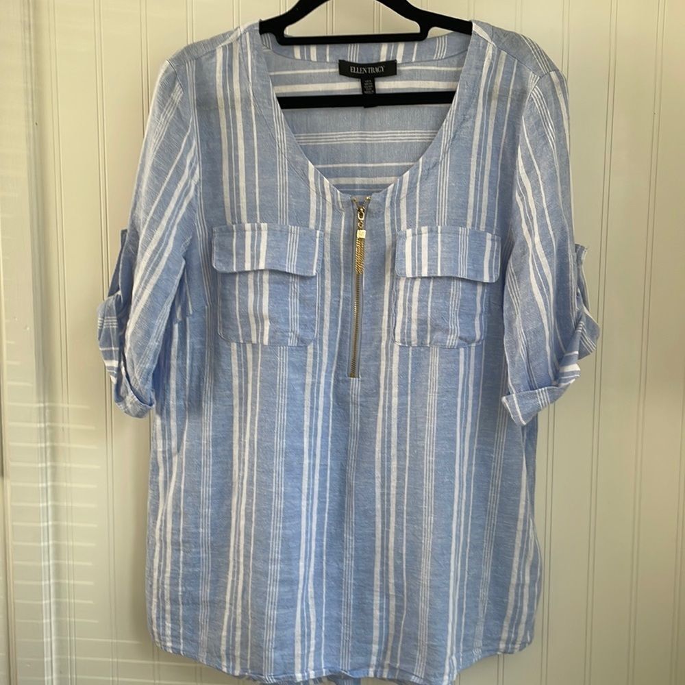 ELLEN TRACY‎ linen blend blue top white stripes button elbow sleeves zipper S